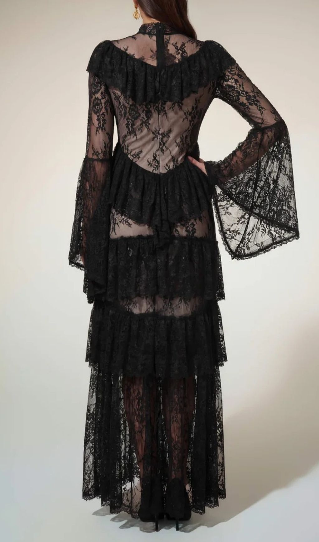Aloysius Dramatic Black Lace Tiered Maxi Dress with Bell Sleeves