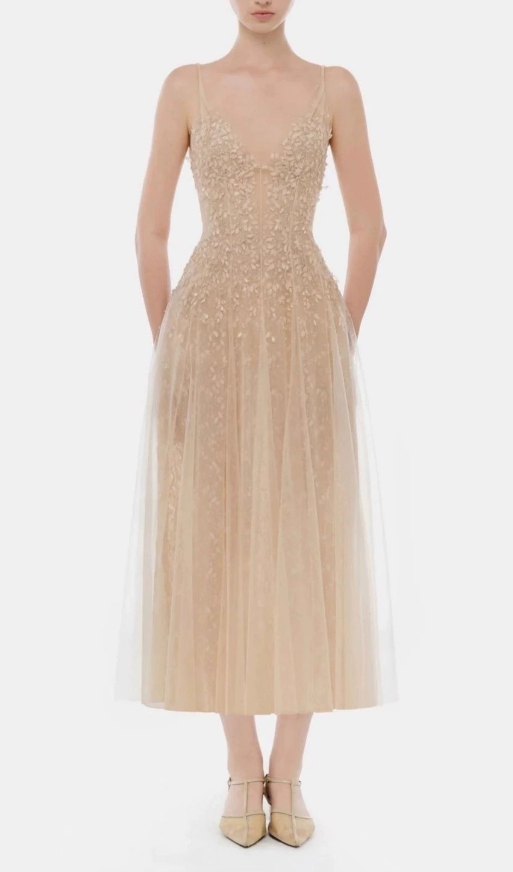 Kimaya Embellished V-Neck Mesh Maxi Dress - Red Carpet Ready Gown