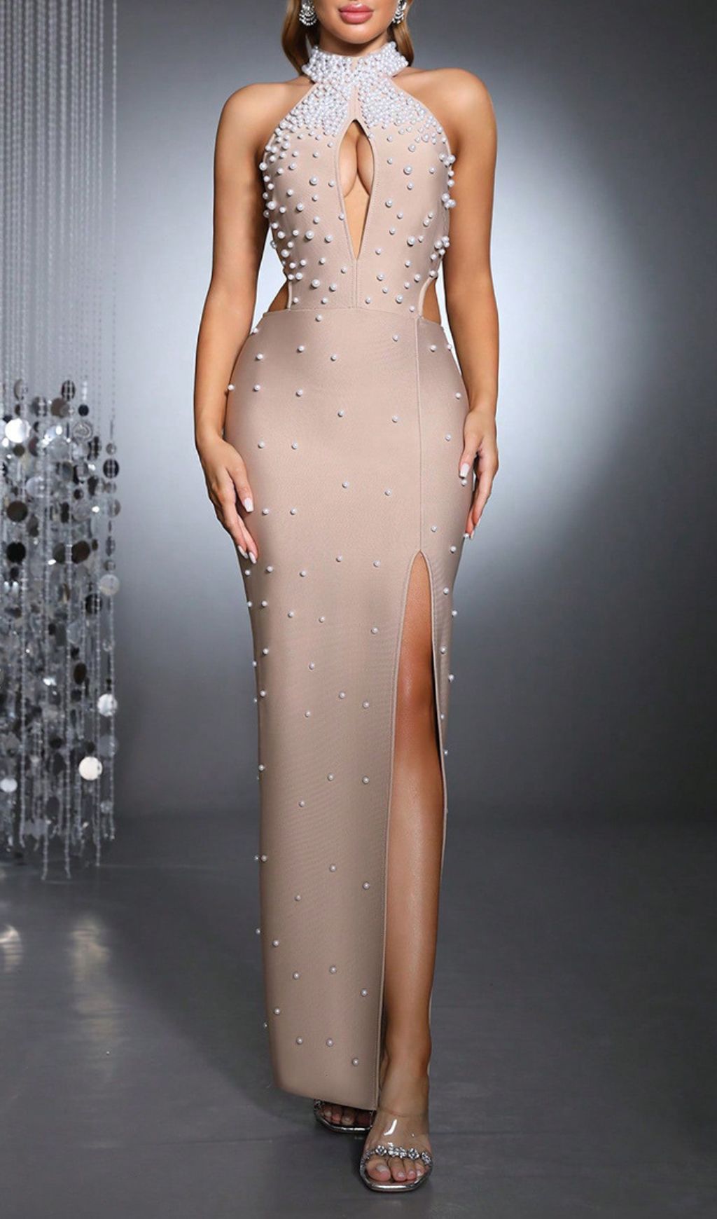 Haidera Pearl Beaded Halter Neck Bandage Maxi Gown with Thigh Slit
