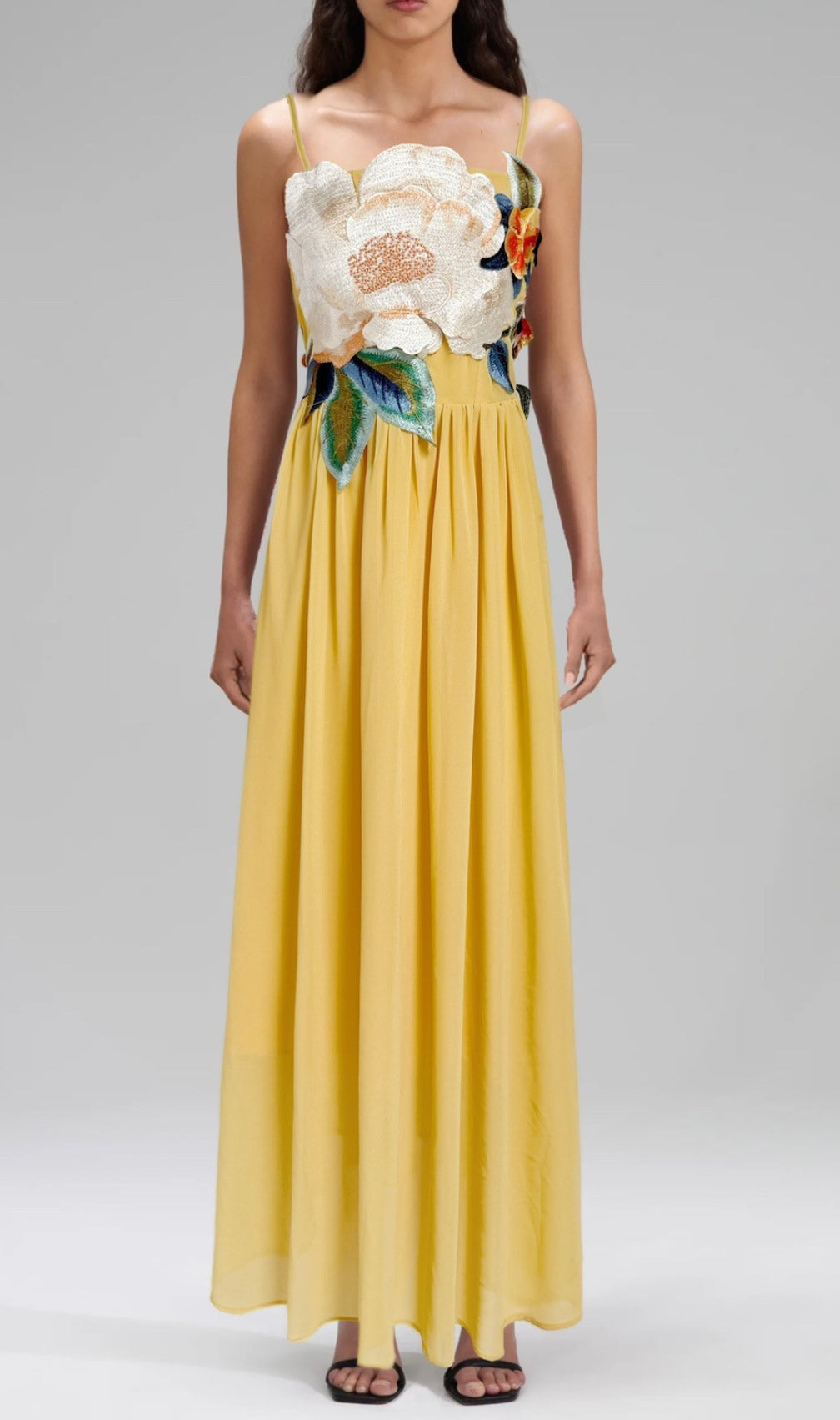 Emanuele Yellow Flower Embroidery Maxi Dress