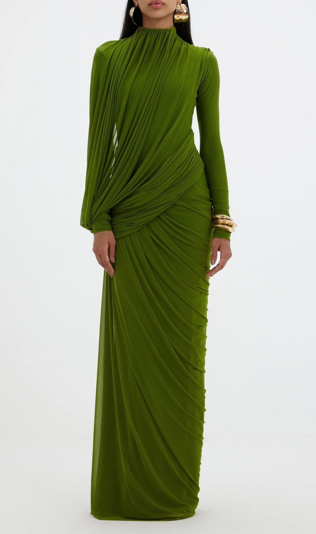 Kalila Elegant Draped Green Long Sleeve Maxi Dress