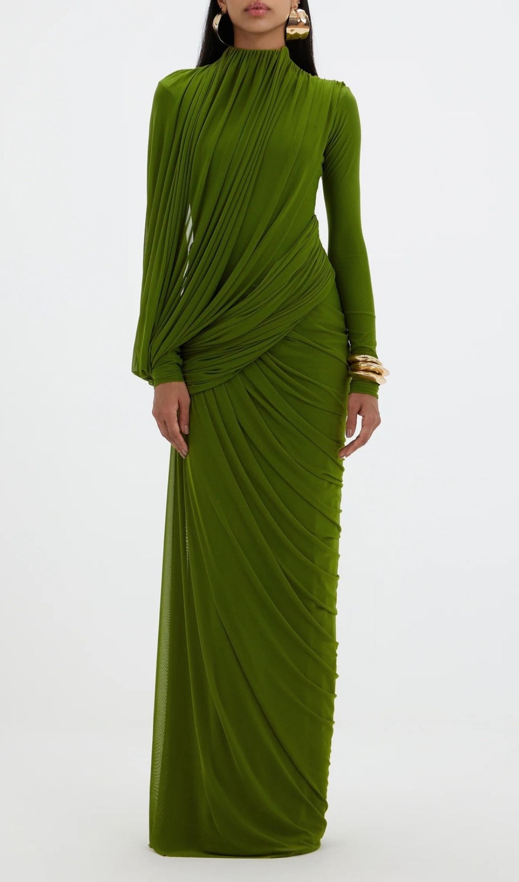 Kalila Elegant Draped Green Long Sleeve Maxi Dress
