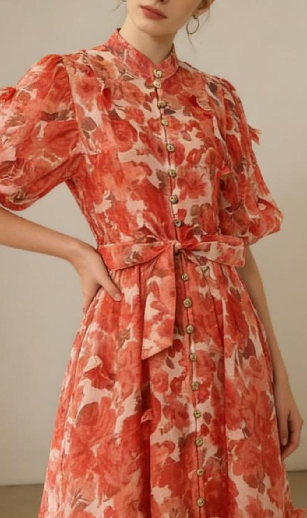 Karmela Romantic Floral Puff-Sleeve Maxi Dress - Elegant Button-Front Gown