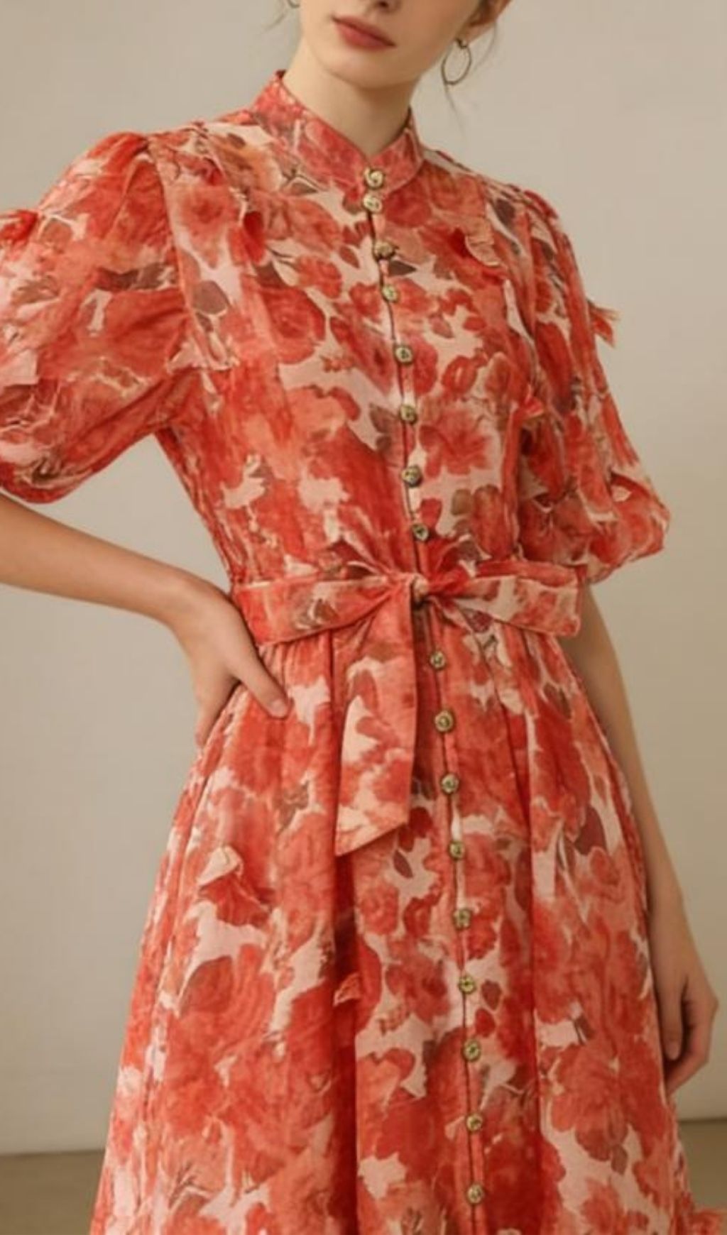 Karmela Romantic Floral Puff-Sleeve Maxi Dress - Elegant Button-Front Gown