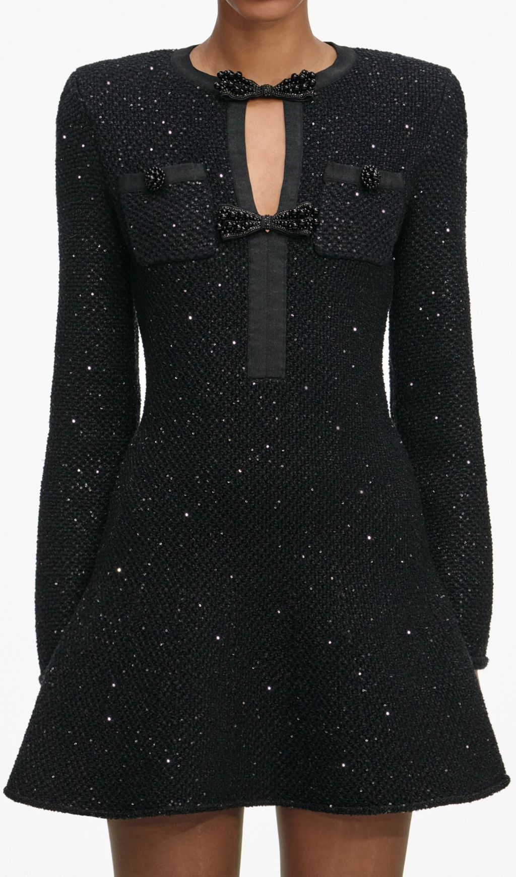 Dazzling Black Sequin Knit Mini Dress with Chic Bow Cut-Out