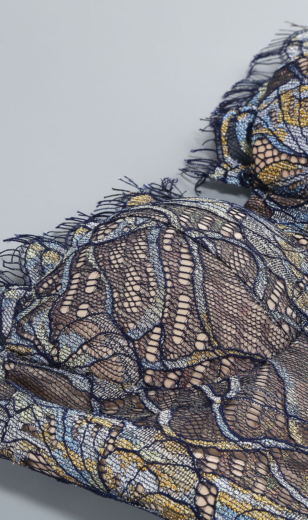 Javion Enchanting Strapless Floral Lace Gown with Opera Gloves