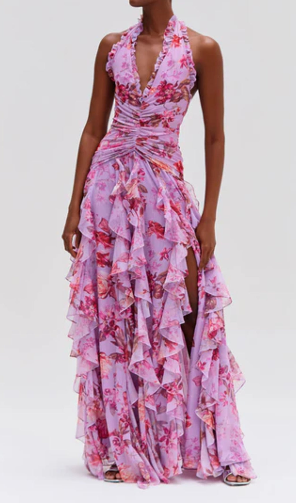 Delicah Pink Halter Floral Ruffle Maxi Dress