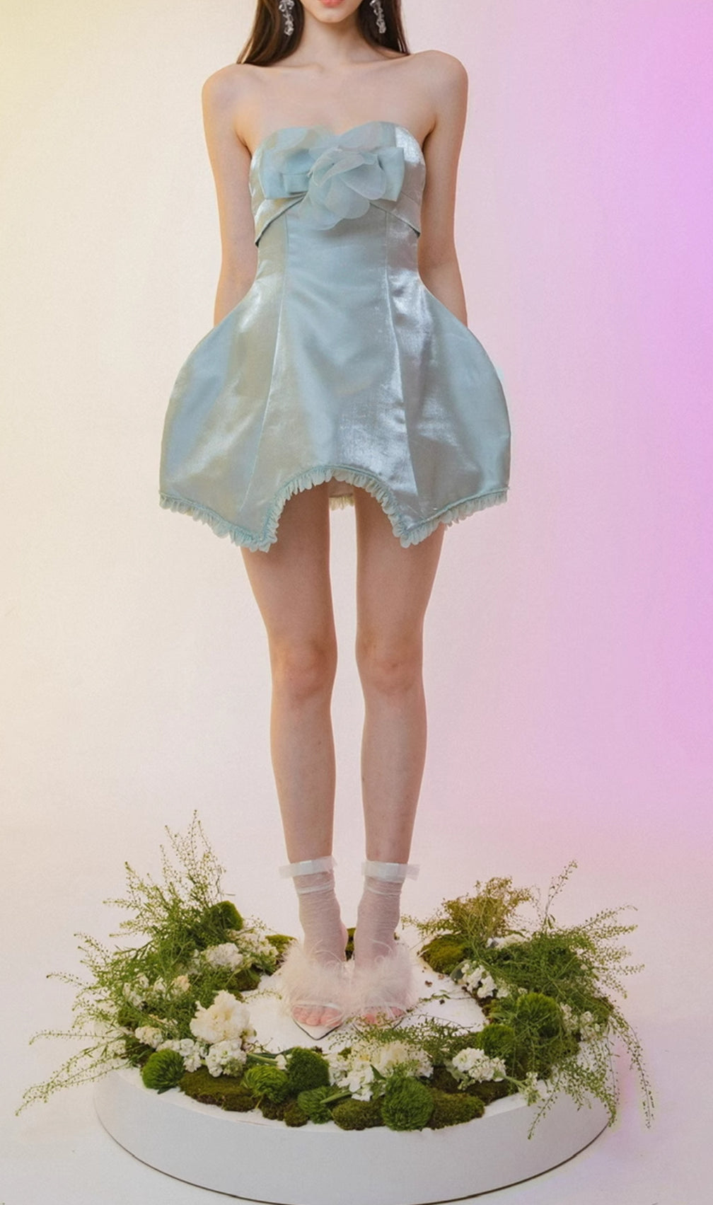 Chickoa Mint Strapless Flower Mini Dress