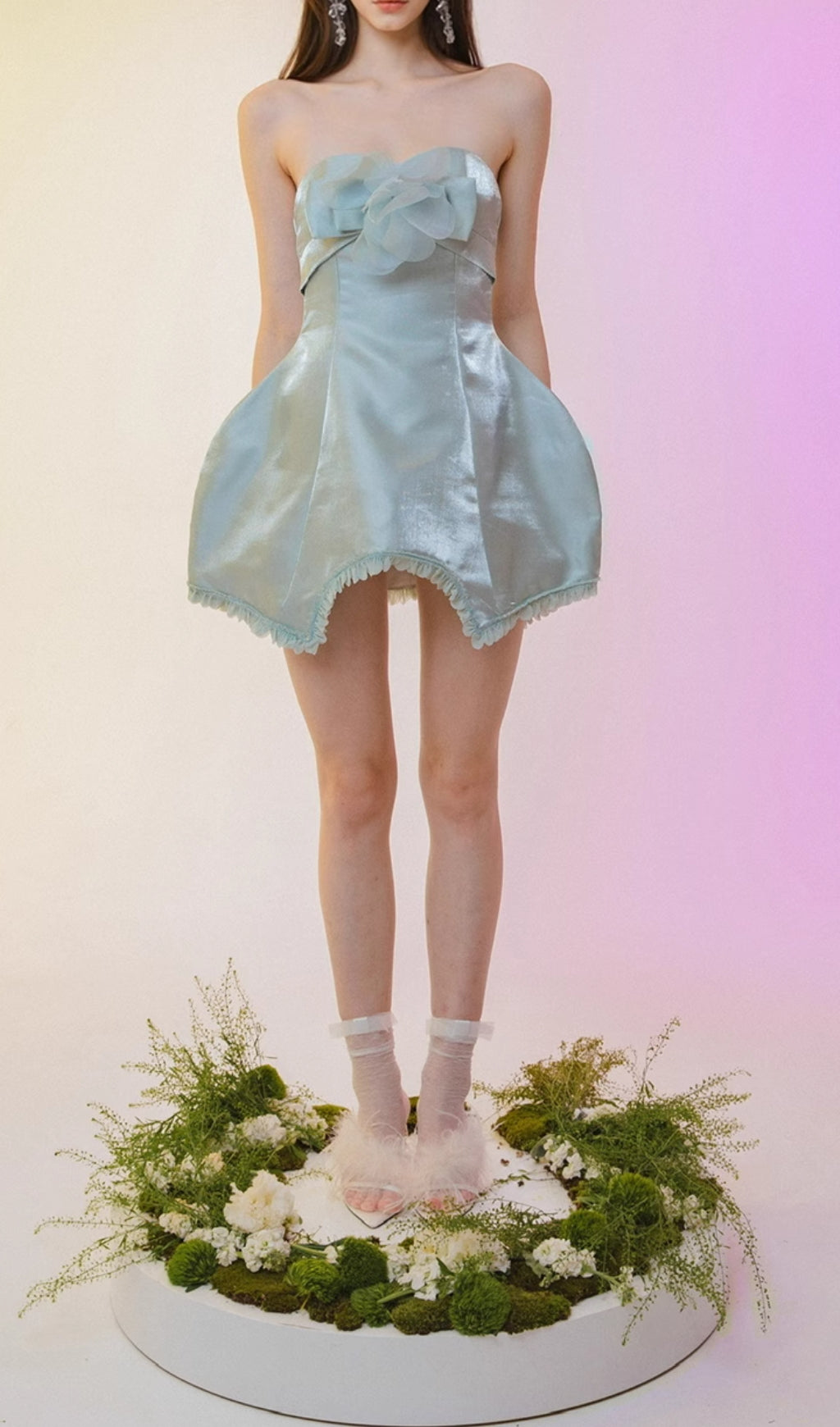 Chickoa Mint Strapless Flower Mini Dress
