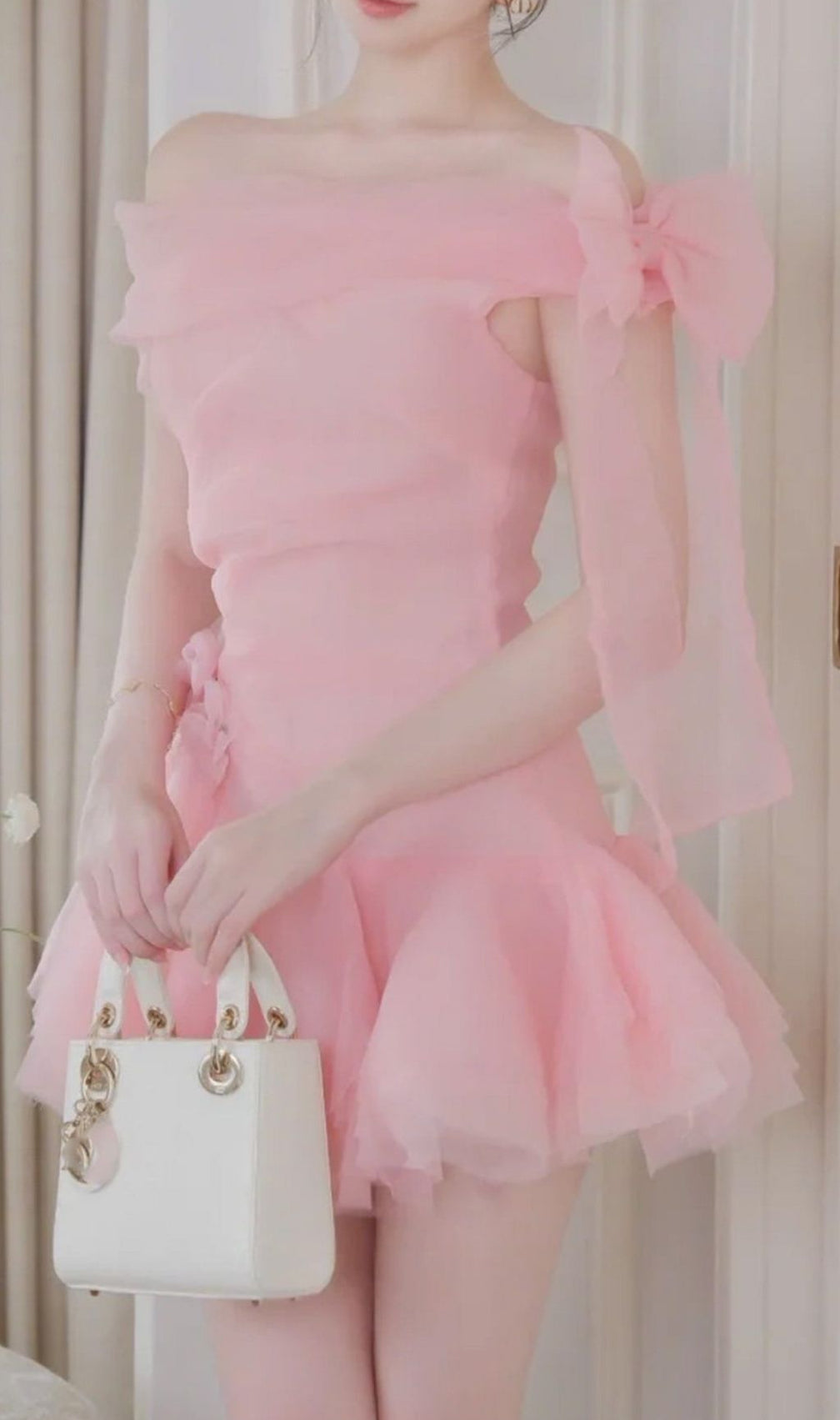 Kamella Sweetheart Pink Off-Shoulder Mini Dress with Bow & Ruffles