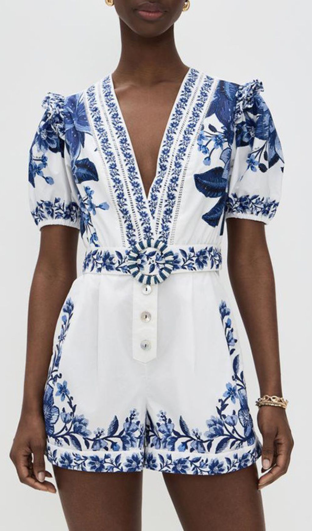 Gilda Blue Flower Printed V-Neck Romper