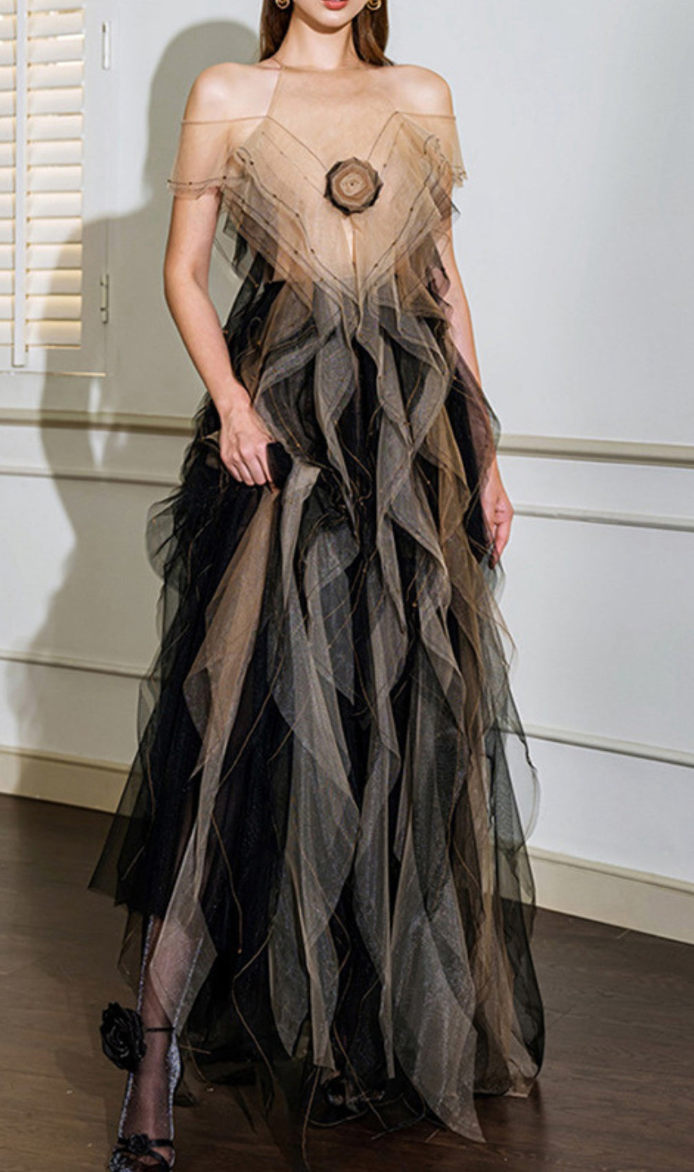 Dinos Mesh Ruffle Maxi Dress