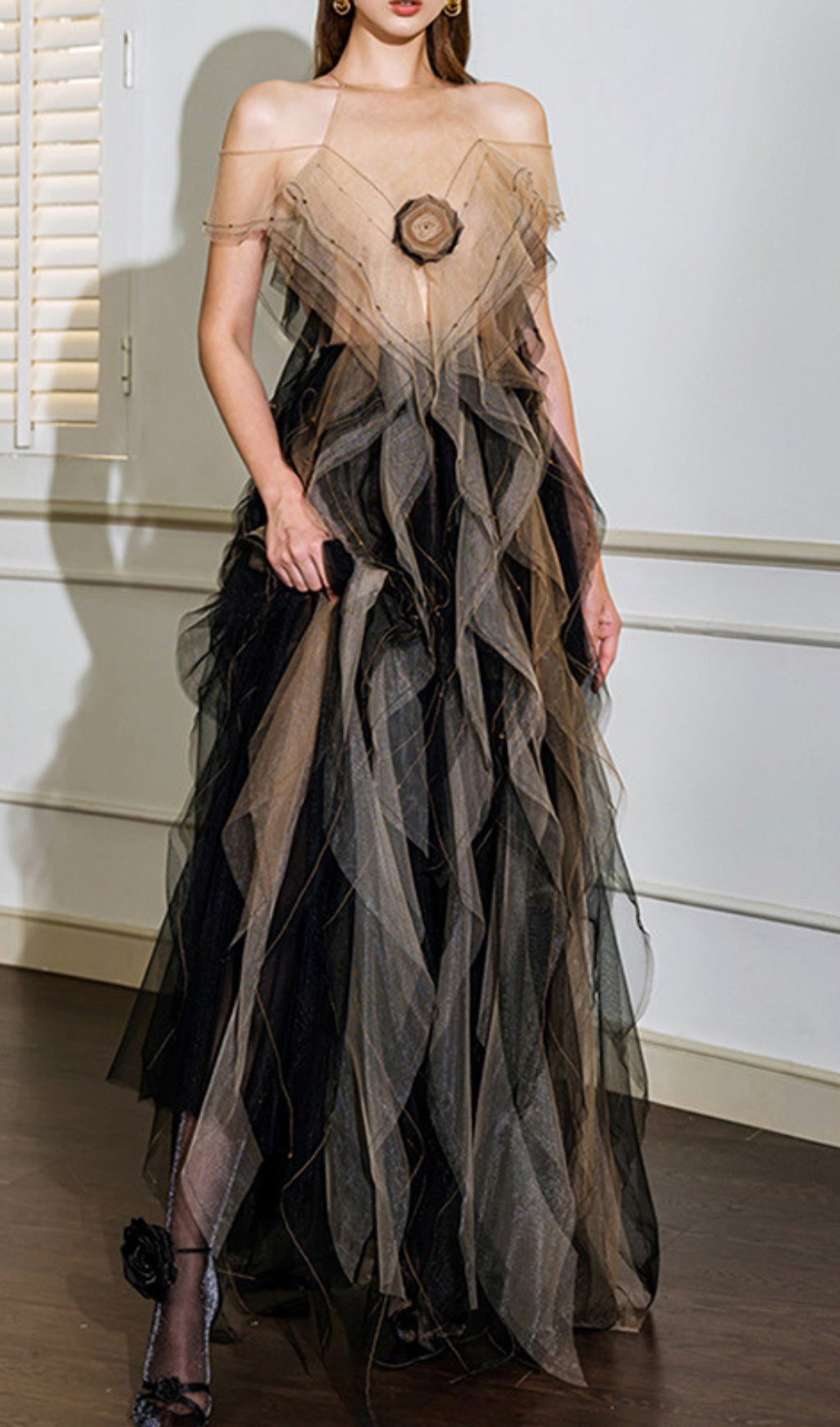 Dinos Mesh Ruffle Maxi Dress