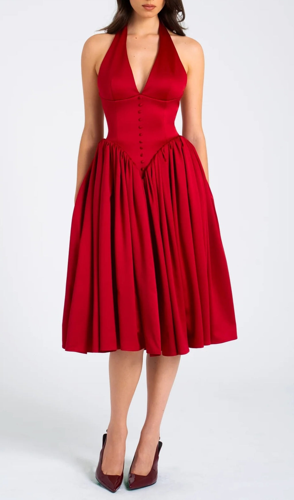 Chrissy Red Plunging Halter Backless Maxi Dress