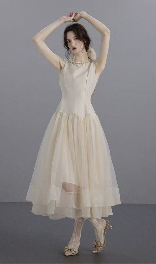 Sleeveless Midi Dress with Tulle Skirt and Pearl Embellished Collar - Ivoire