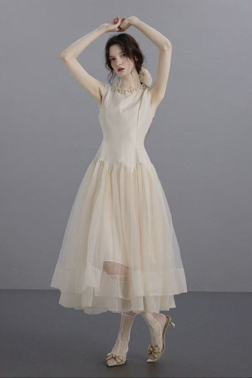 Sleeveless Midi Dress with Tulle Skirt and Pearl Embellished Collar - Ivoire
