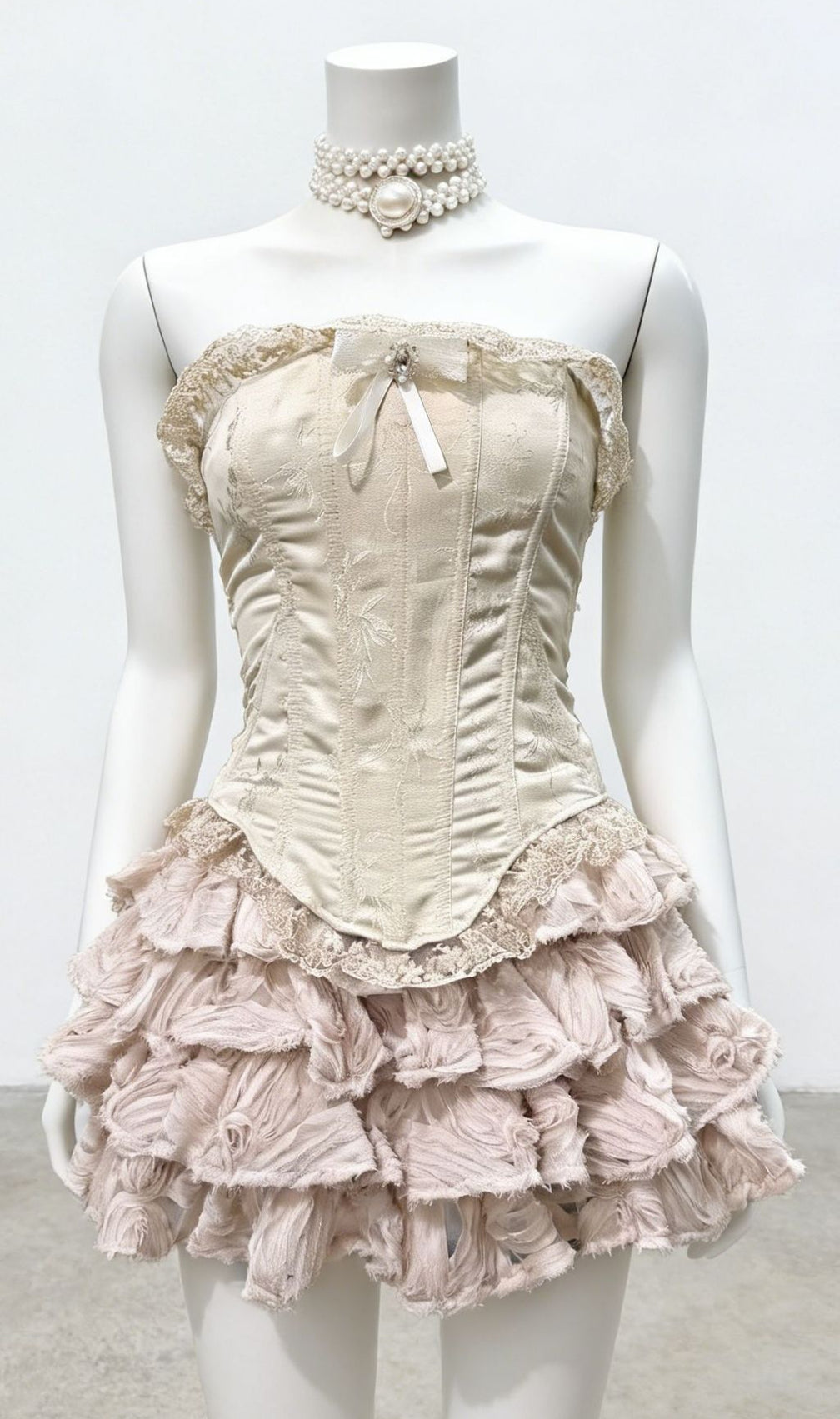 Kacee Elegant Strapless Corset & Tiered Ruffle Mini Skirt Set - Champagne Night Out