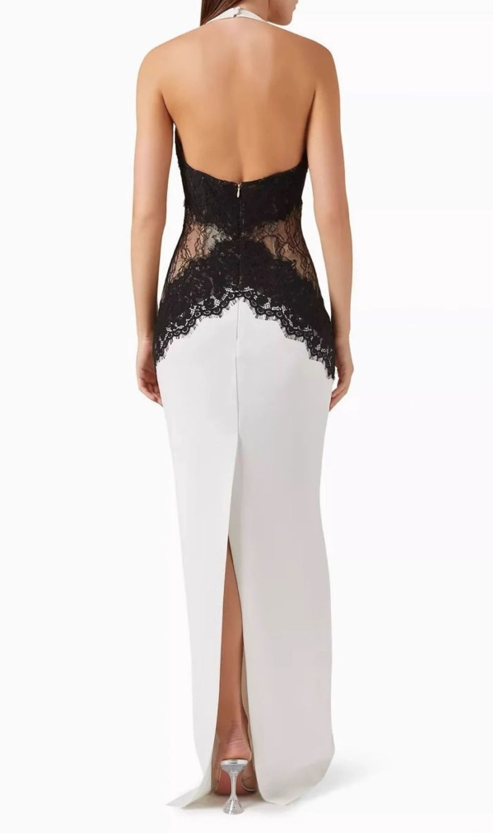 Kaylani Chic White Halter Maxi Dress with Black Lace Inset