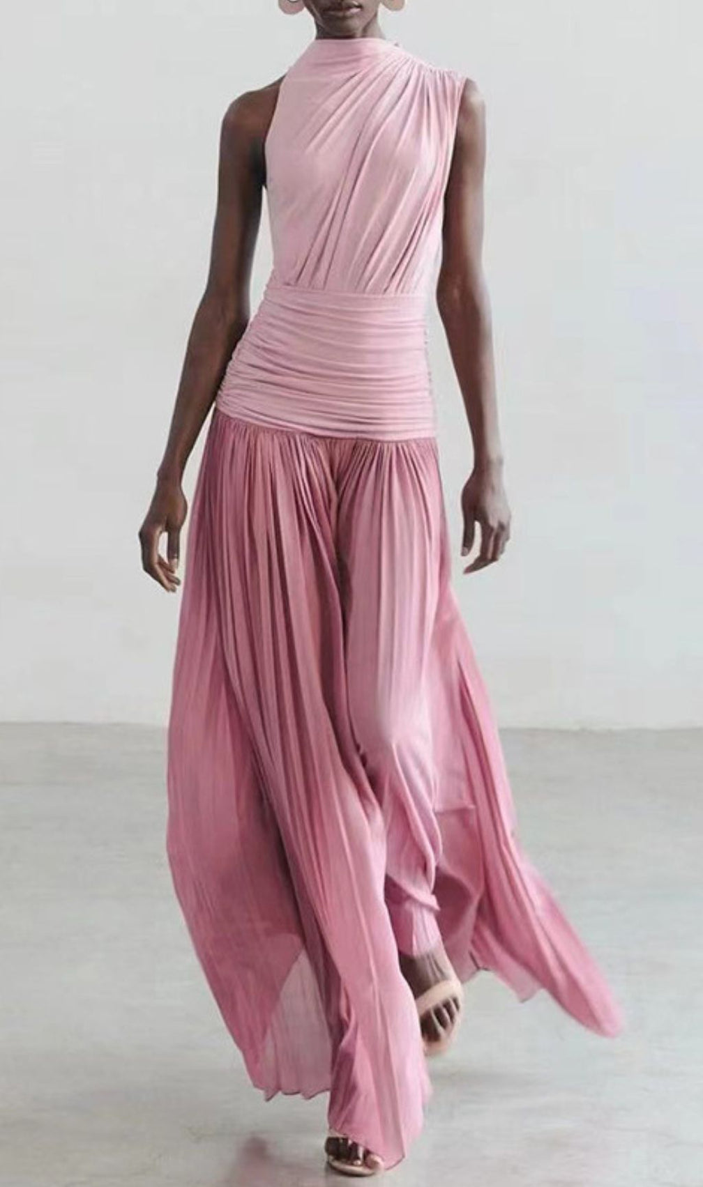 Juliana Draped & Pleated Maxi Dress - Elegant Rose Pink Sleeveless Gown