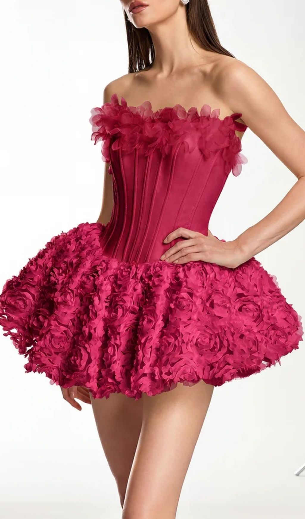 Ulthar Strapless Flower Mini Dress In Hot Pink