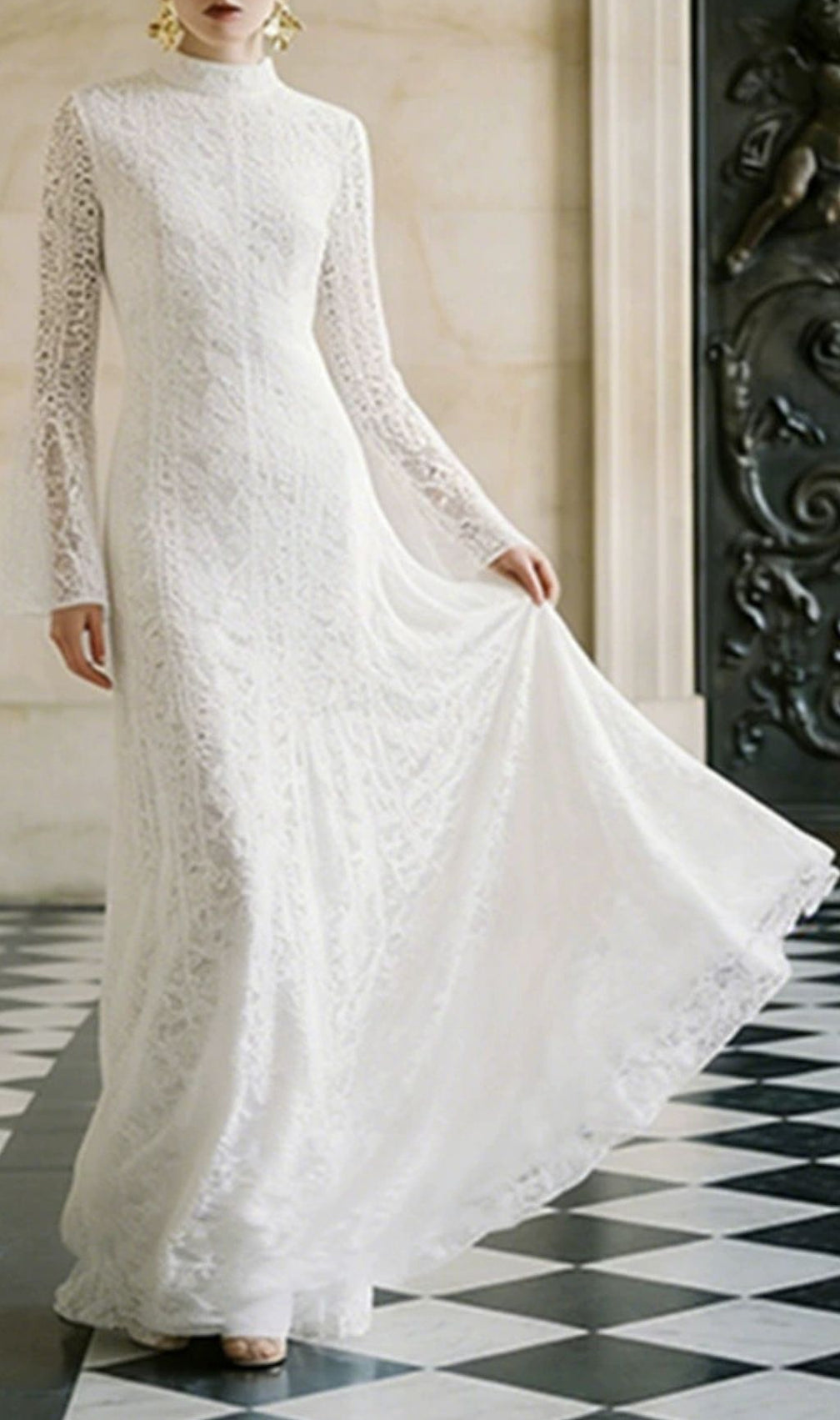 Kiyoko White Flared Long Sleeve Lace Maxi Dress