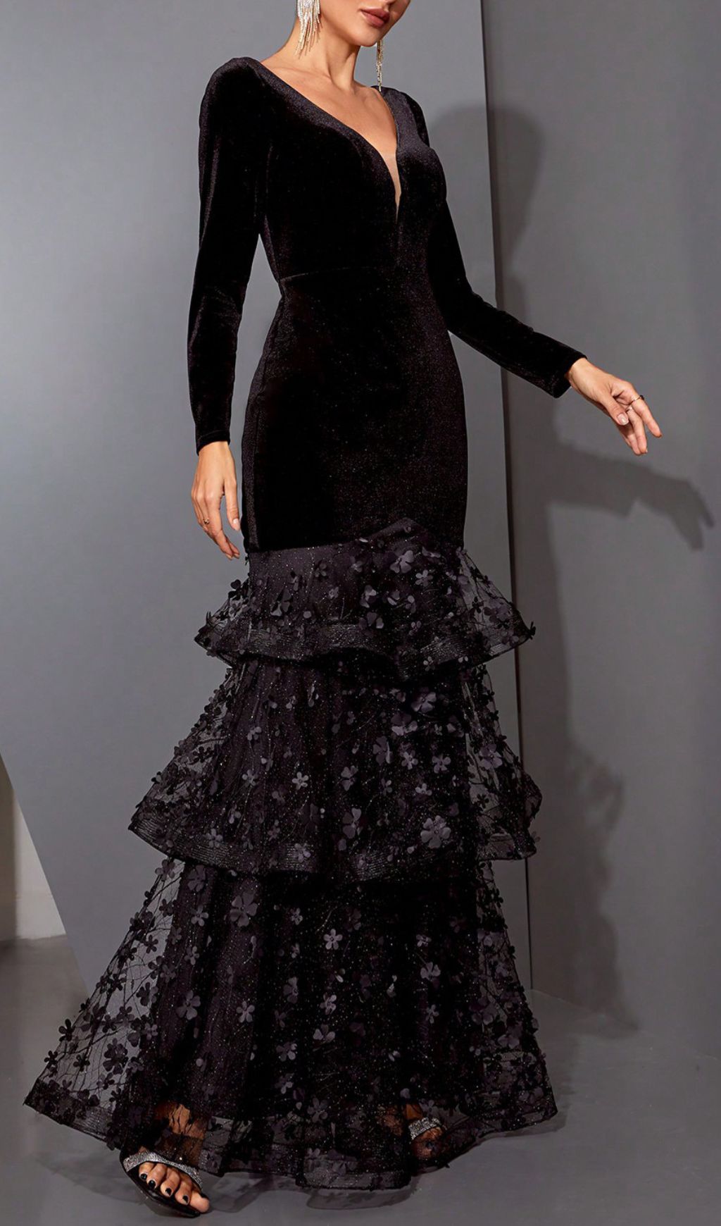 Hermine Black Long Sleeve Mesh Maxi Dress