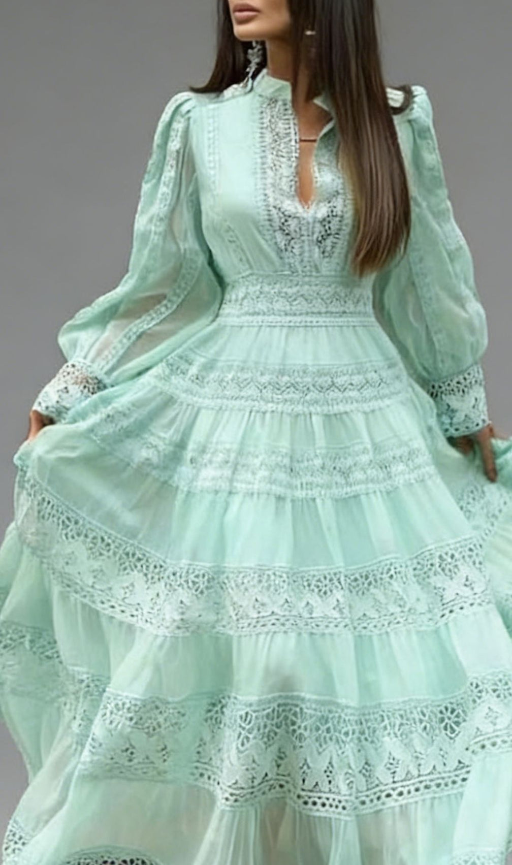 Kamara Ethereal Mint Green Lace Maxi Dress - Long Sleeve Tiered Gown