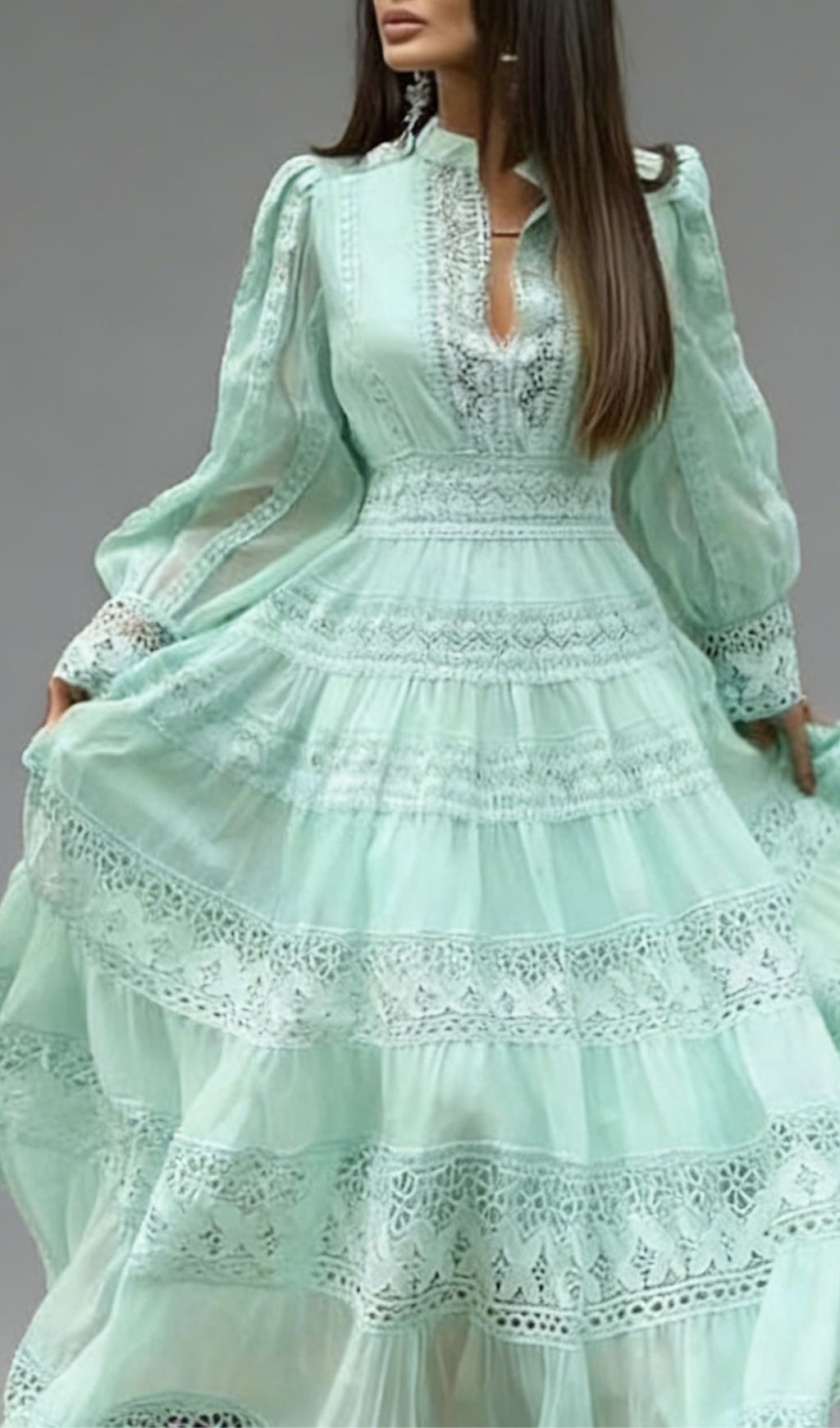 Kamara Ethereal Mint Green Lace Maxi Dress - Long Sleeve Tiered Gown
