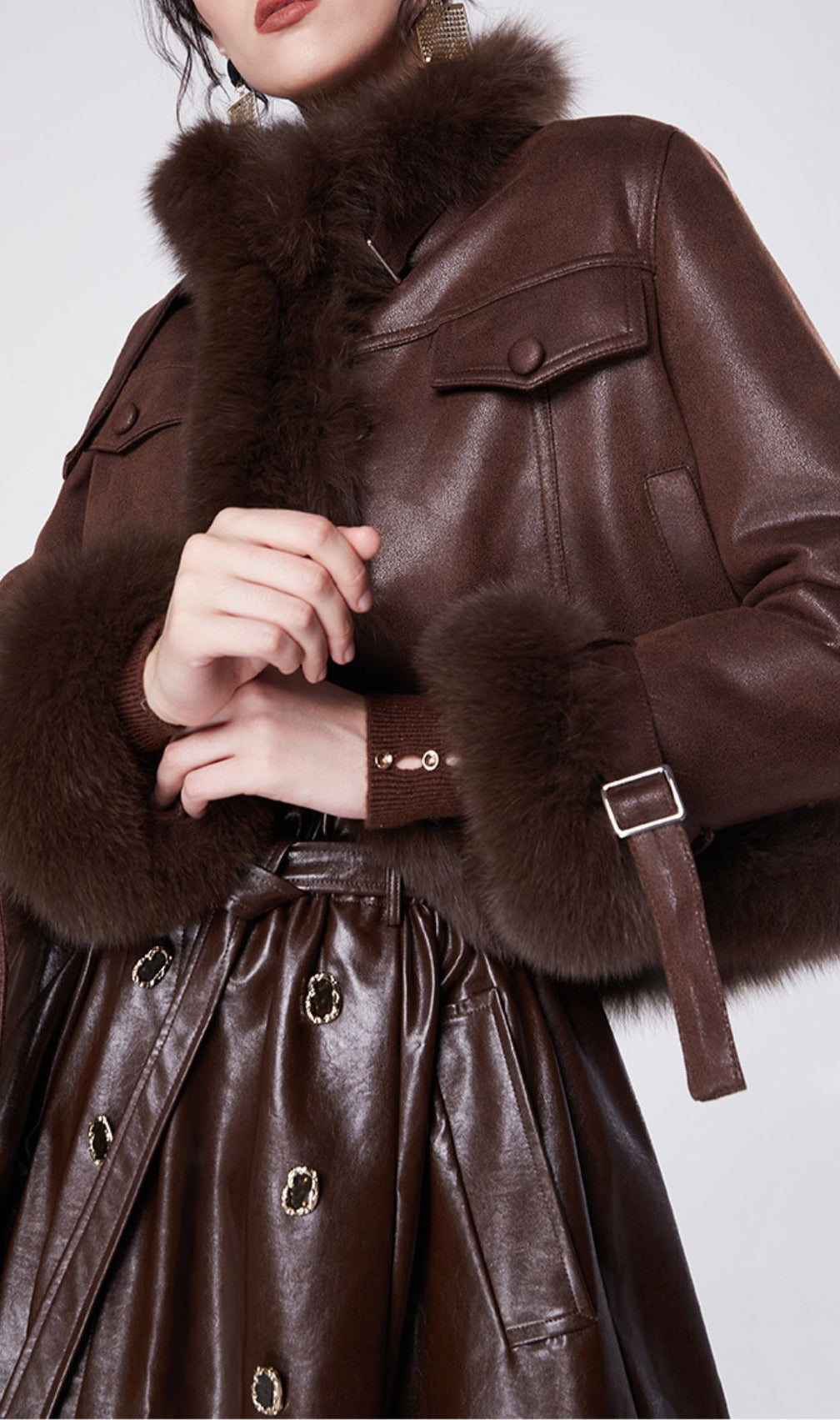 Hicks Luxurious Faux Leather & Faux Fur Trim Jacket & Midi Skirt Set | Chic Brown Winter Ensemble
