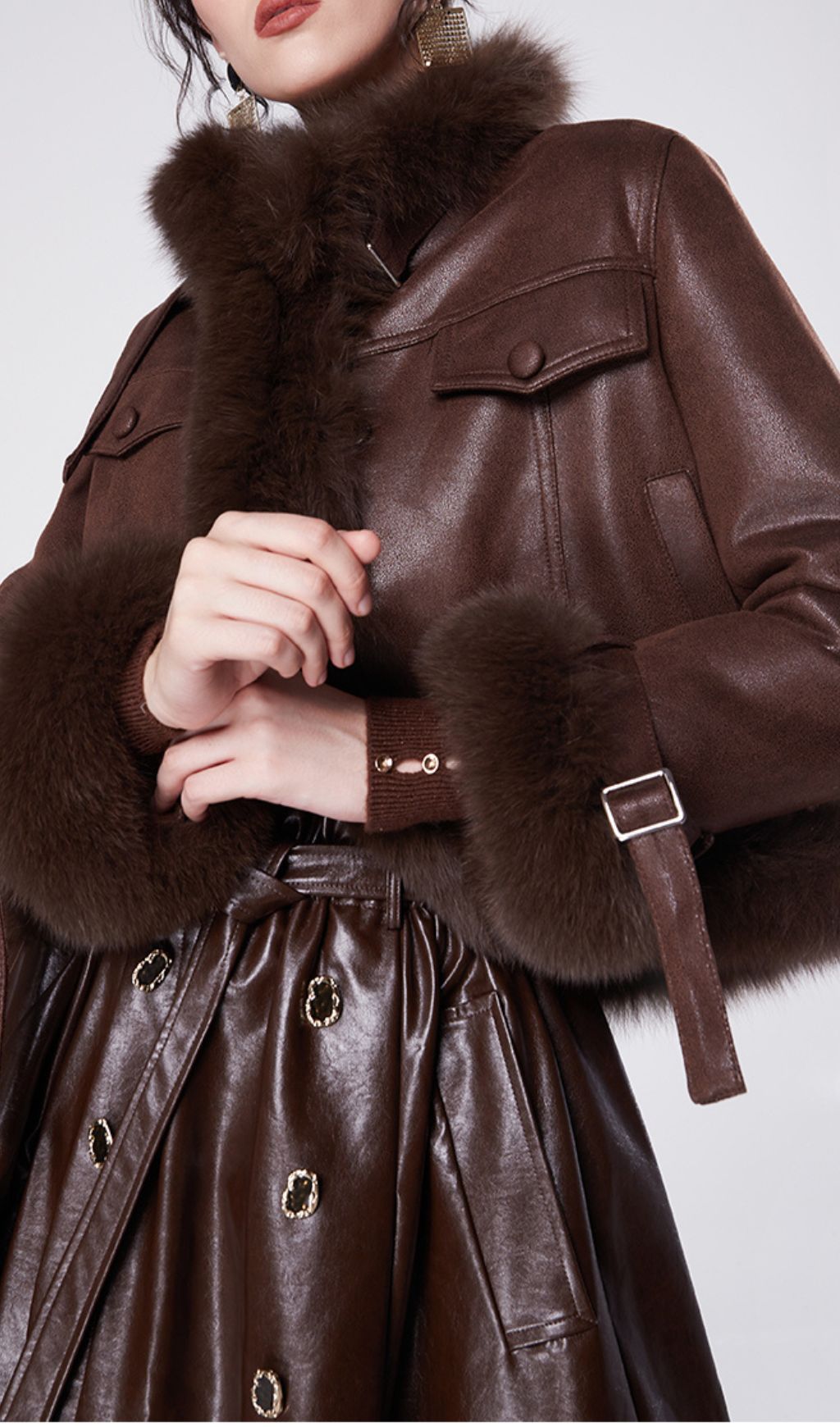 Hicks Luxurious Faux Leather & Faux Fur Trim Jacket & Midi Skirt Set | Chic Brown Winter Ensemble