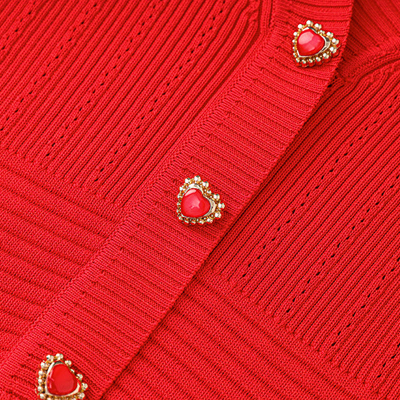 Hewitt Sweetheart Knit Mini Dress - Romantic Red Long Sleeve with Heart Buttons