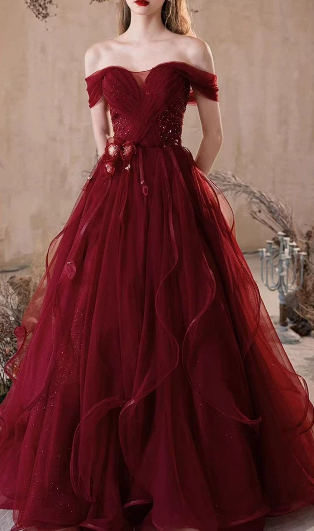 Kasandra Scarlet Red Off-Shoulder Ruffle Tulle Gown - Elegant Formal Maxi Dress