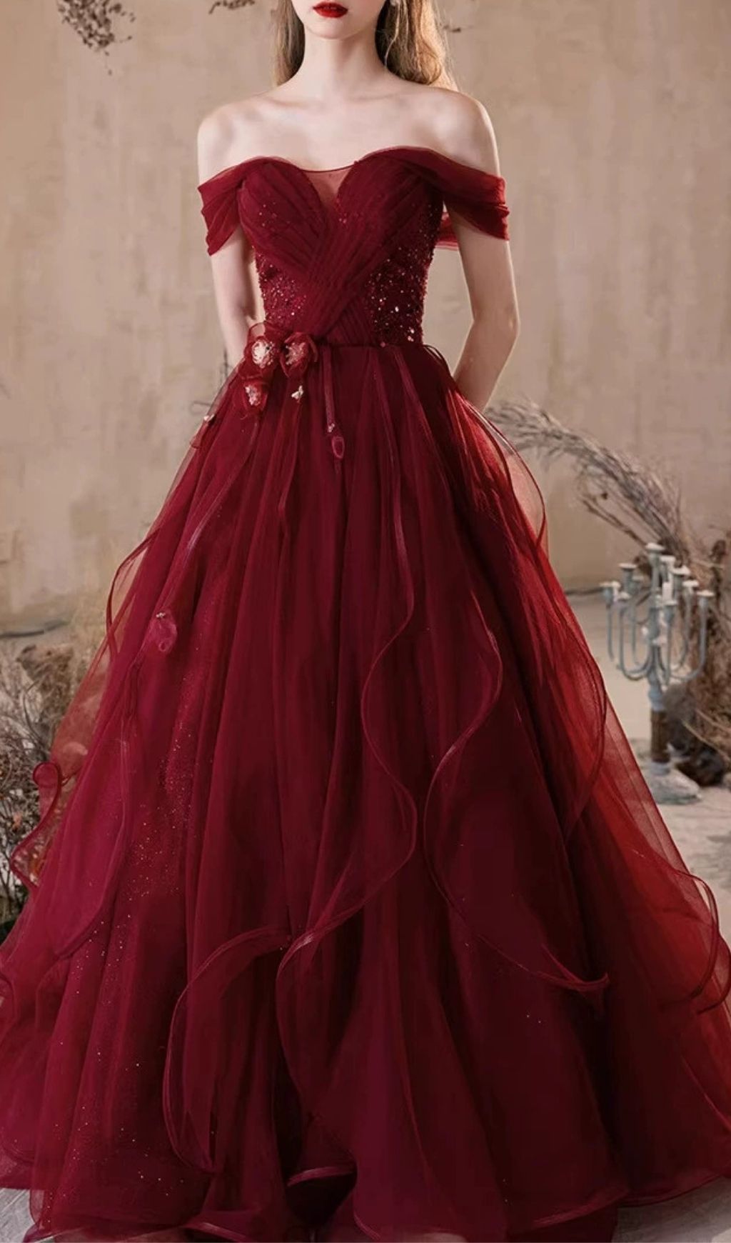 Kasandra Scarlet Red Off-Shoulder Ruffle Tulle Gown - Elegant Formal Maxi Dress
