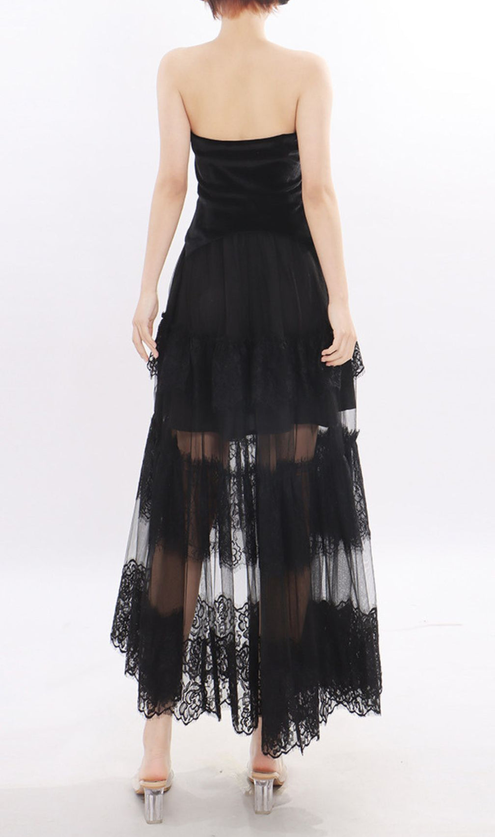 Kaliyah Black Strapless Sweetheart Velvet & Sheer Lace Maxi Dress