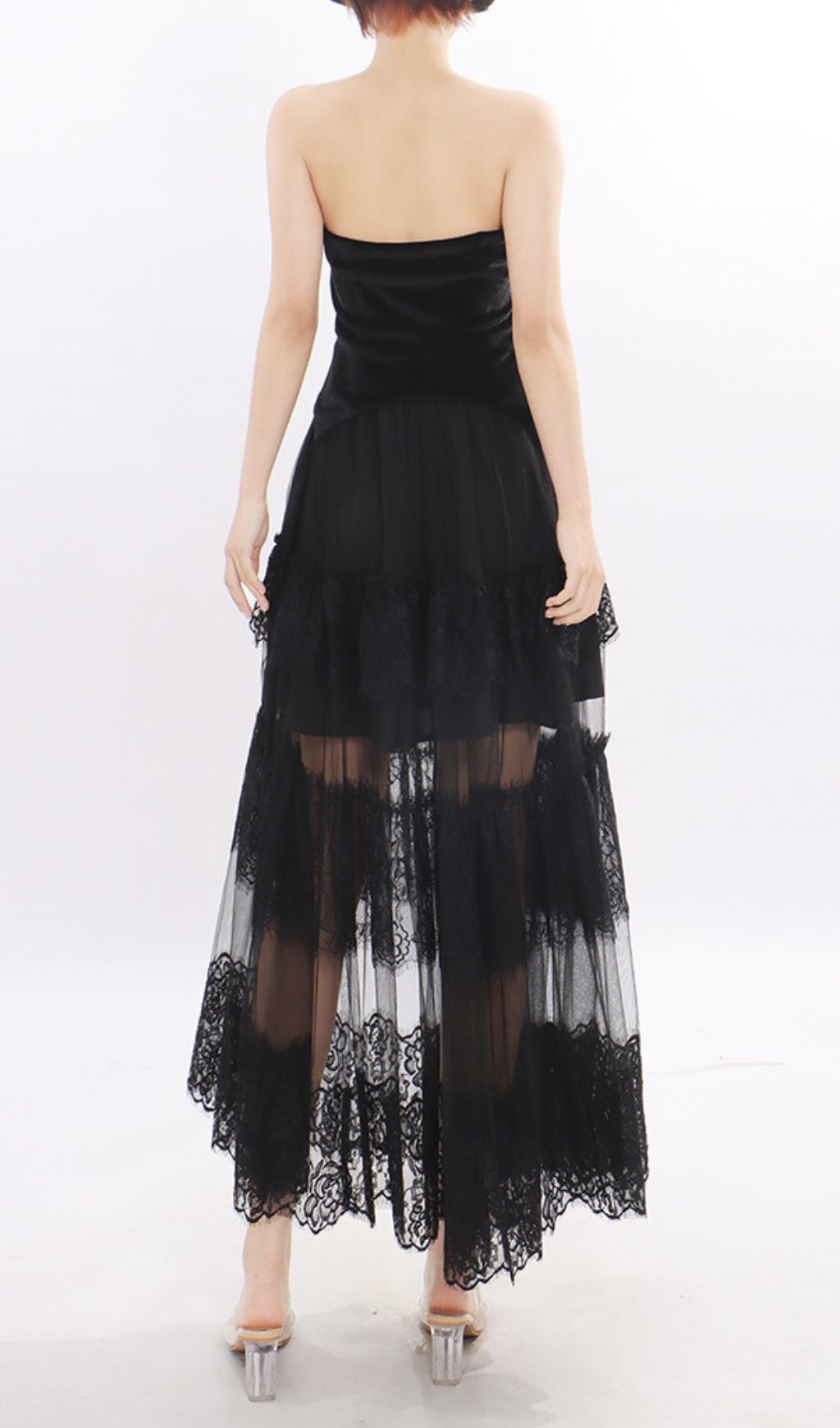 Kaliyah Black Strapless Sweetheart Velvet & Sheer Lace Maxi Dress