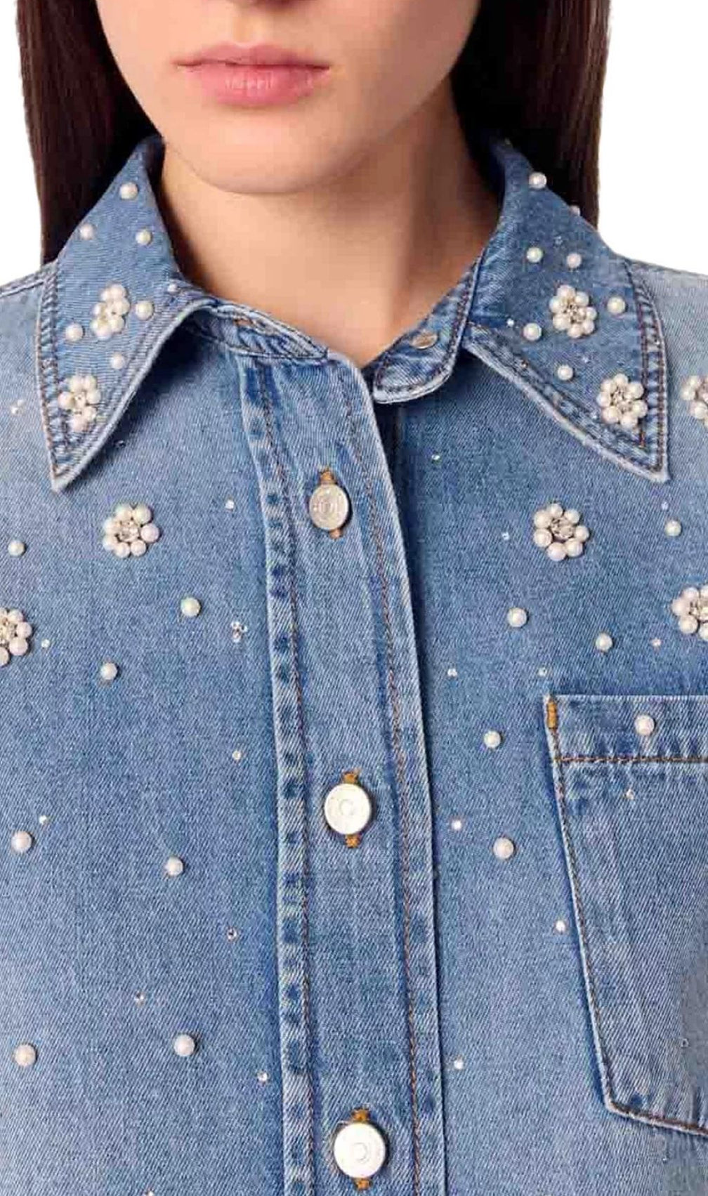 Chic Blossom Denim Shirt: Pearl & Rhinestone Embellished Button-Up for Women