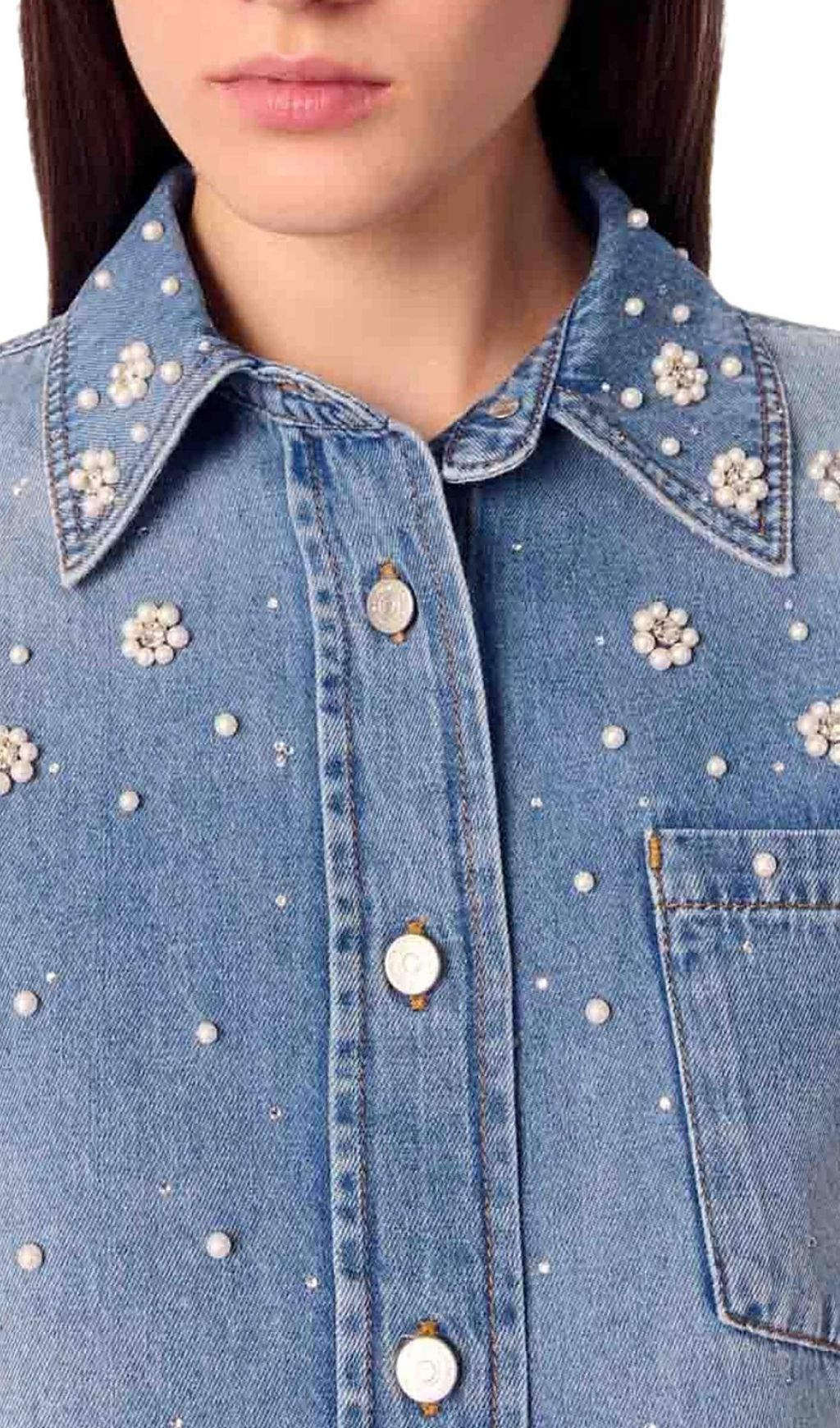 Chic Blossom Denim Shirt: Pearl & Rhinestone Embellished Button-Up for Women