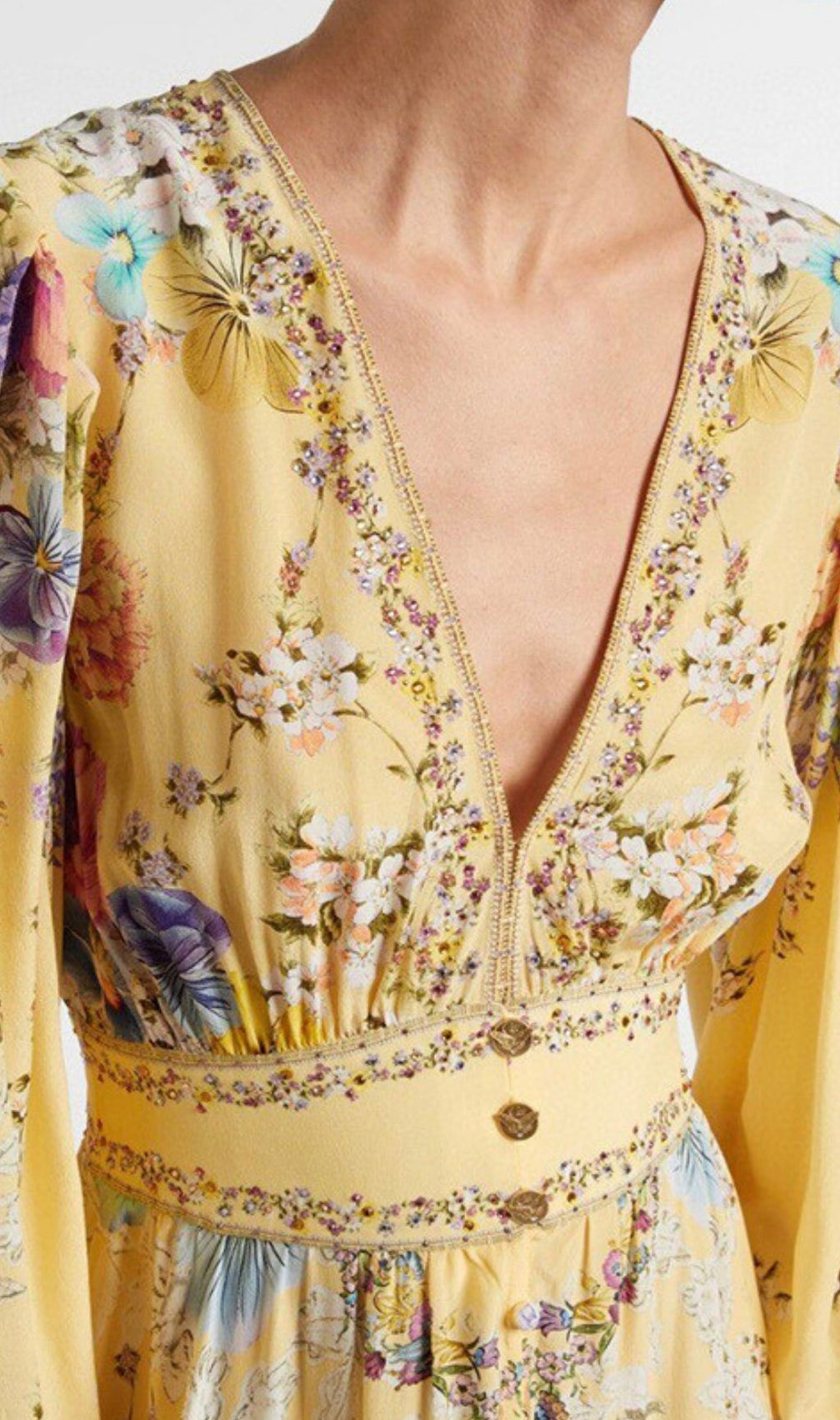 Kayli Vibrant Yellow Floral Maxi Dress - Elegant V-Neck & Flowy Sleeves