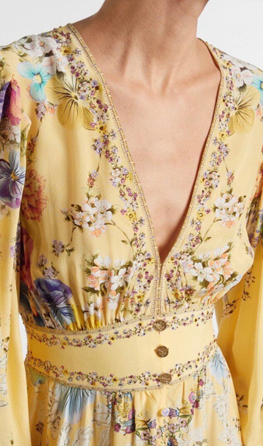 Kayli Vibrant Yellow Floral Maxi Dress - Elegant V-Neck & Flowy Sleeves