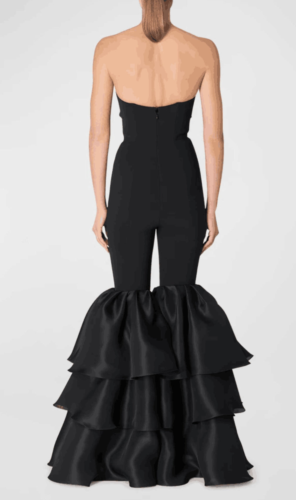 Black Strapless Jumpsuit With Tiered Ruffle Hem