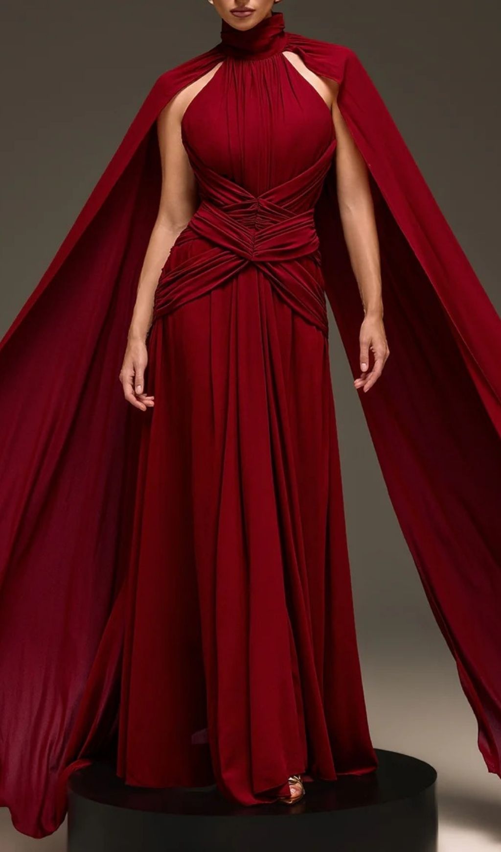 Evarix Glamorous Burgundy Cape Sleeve Maxi Gown