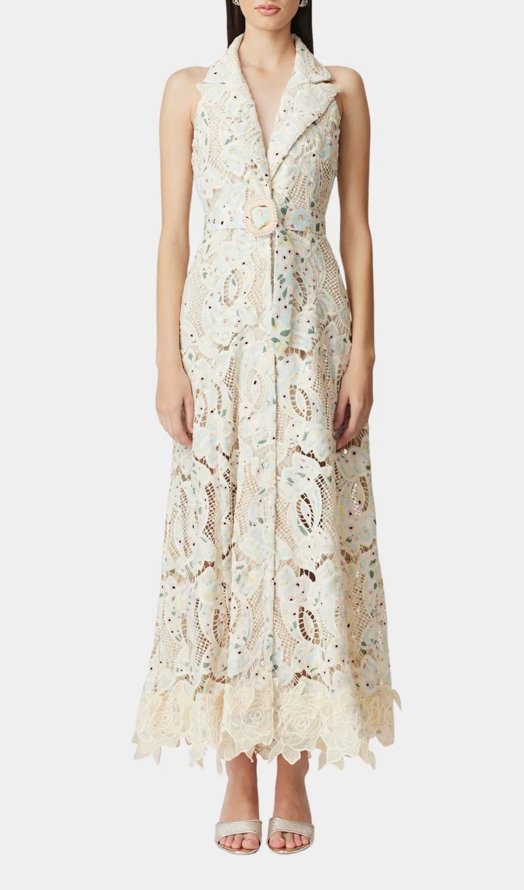 Chic Chloe Sleeveless Floral Lace Maxi Dress with Belt