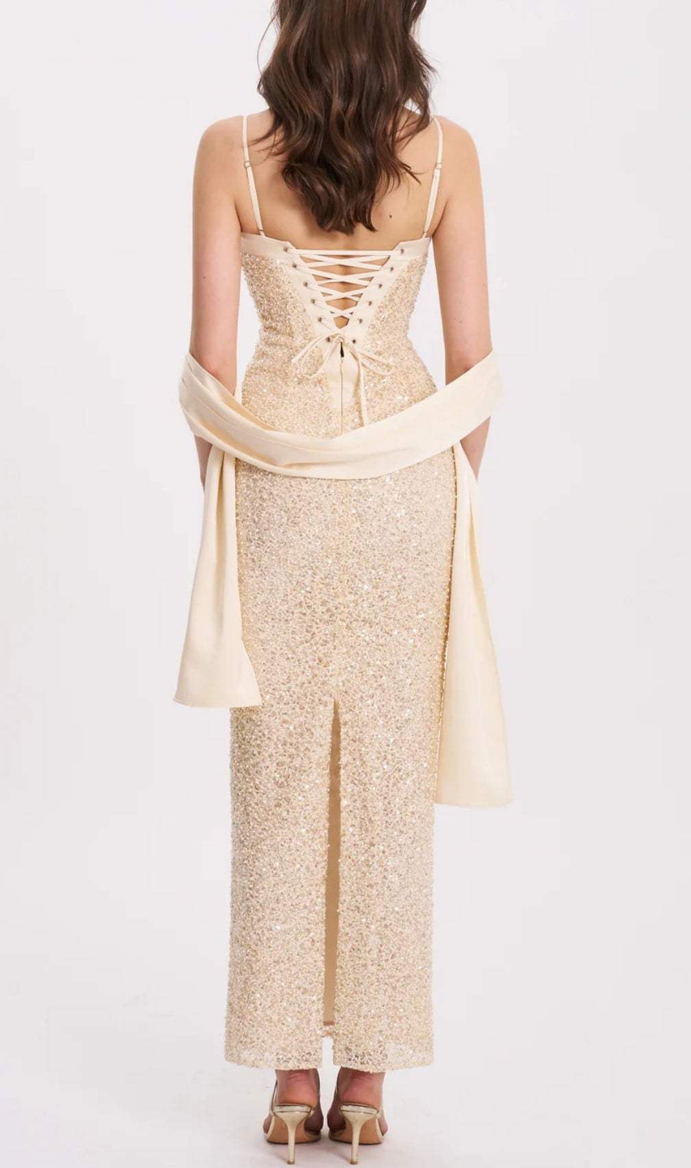 Raizel Gold Beaded Sequin Bodycon Gown with Scarf
