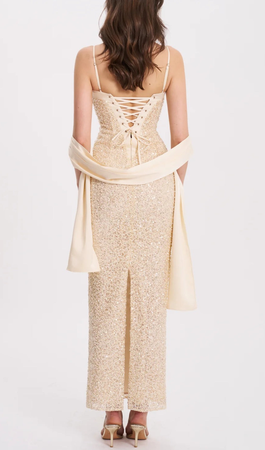 Raizel Gold Beaded Sequin Bodycon Gown with Scarf