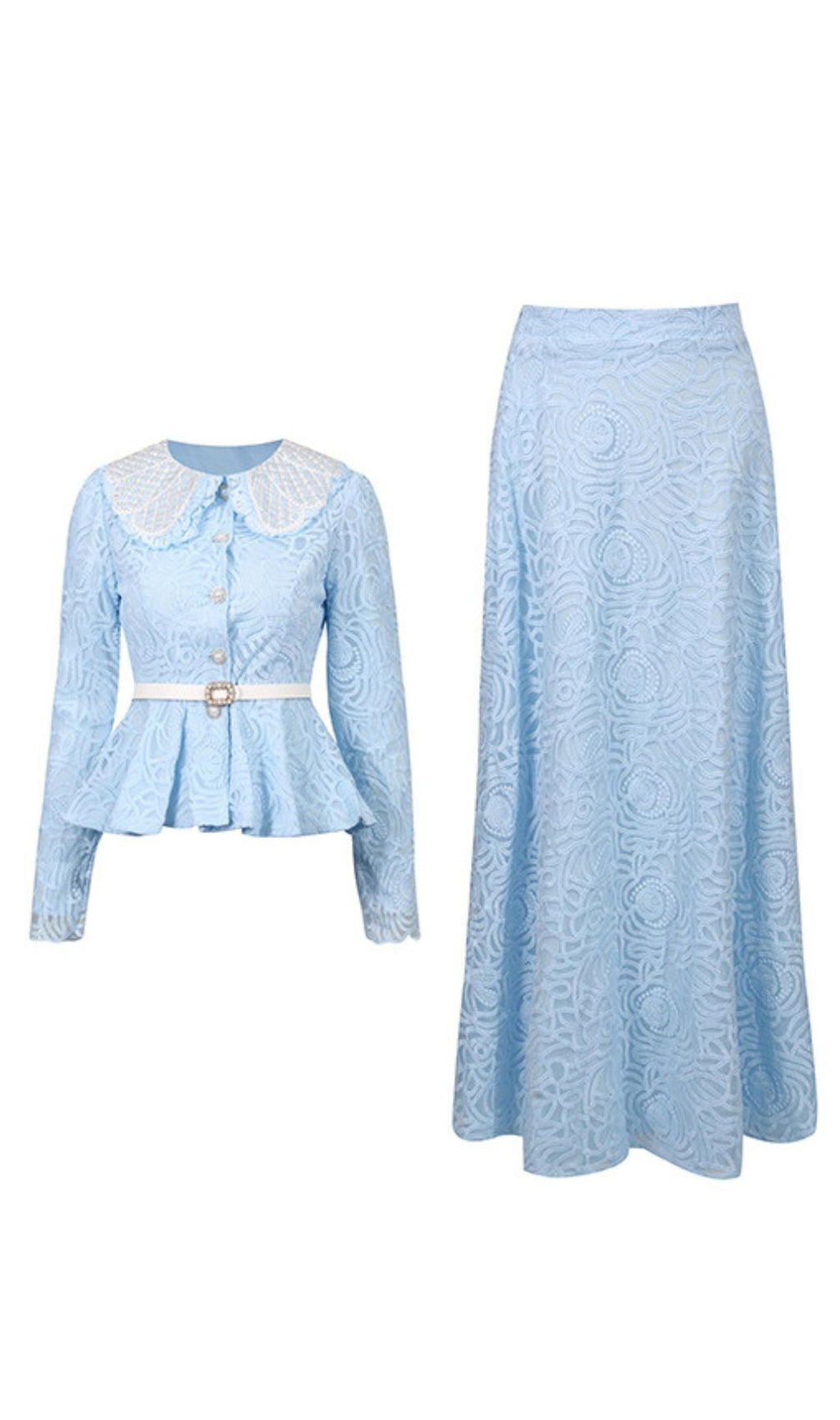 Ilona Blue Elegant Floral Lace Peplum Two-Piece Skirt Set