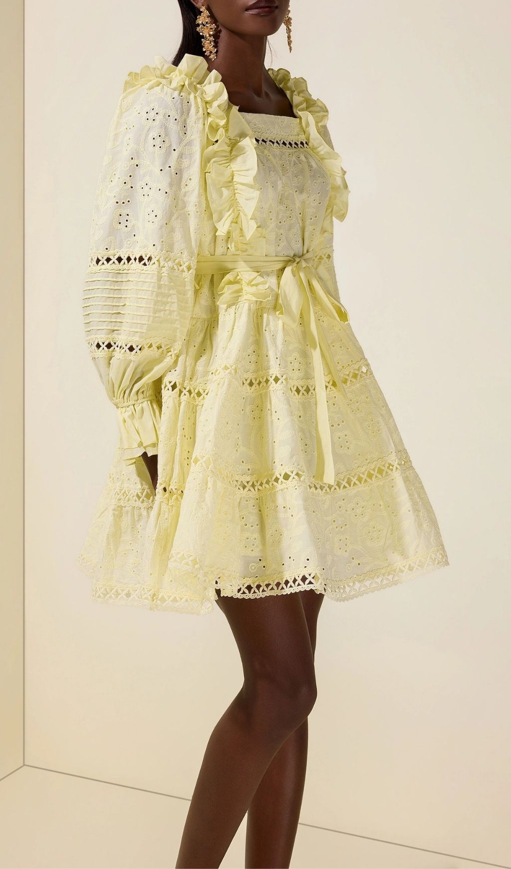 Victoria Embroidered Hollow Ruffle Mini Dress - Yellow