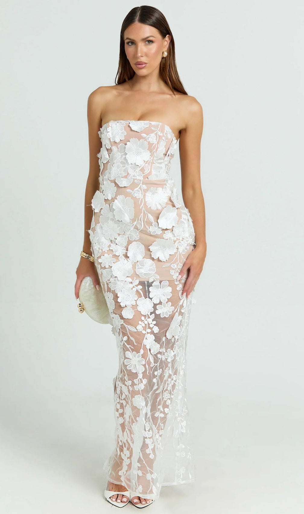 Strapless 3D Floral Mesh Maxi Dress