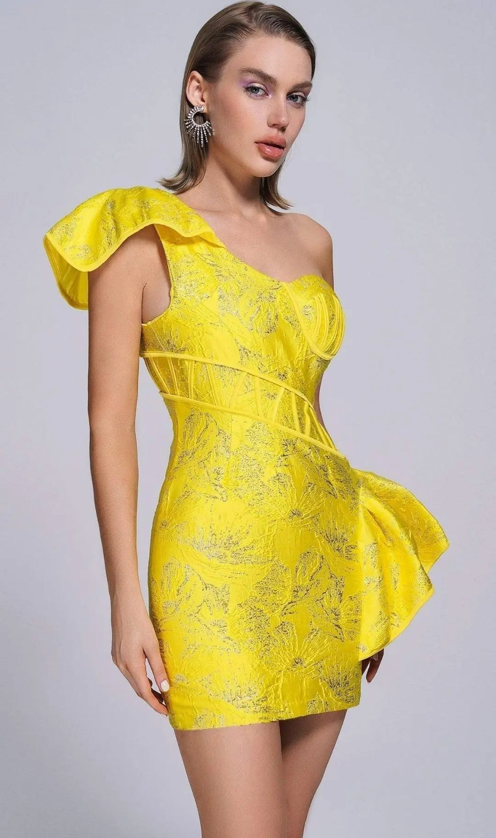 Jacquard One Shoulder Mini Dress In Yellow