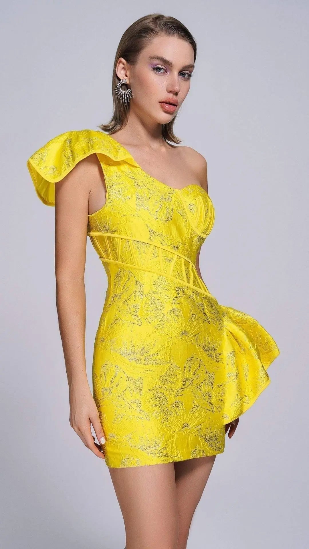 Jacquard One Shoulder Mini Dress In Yellow