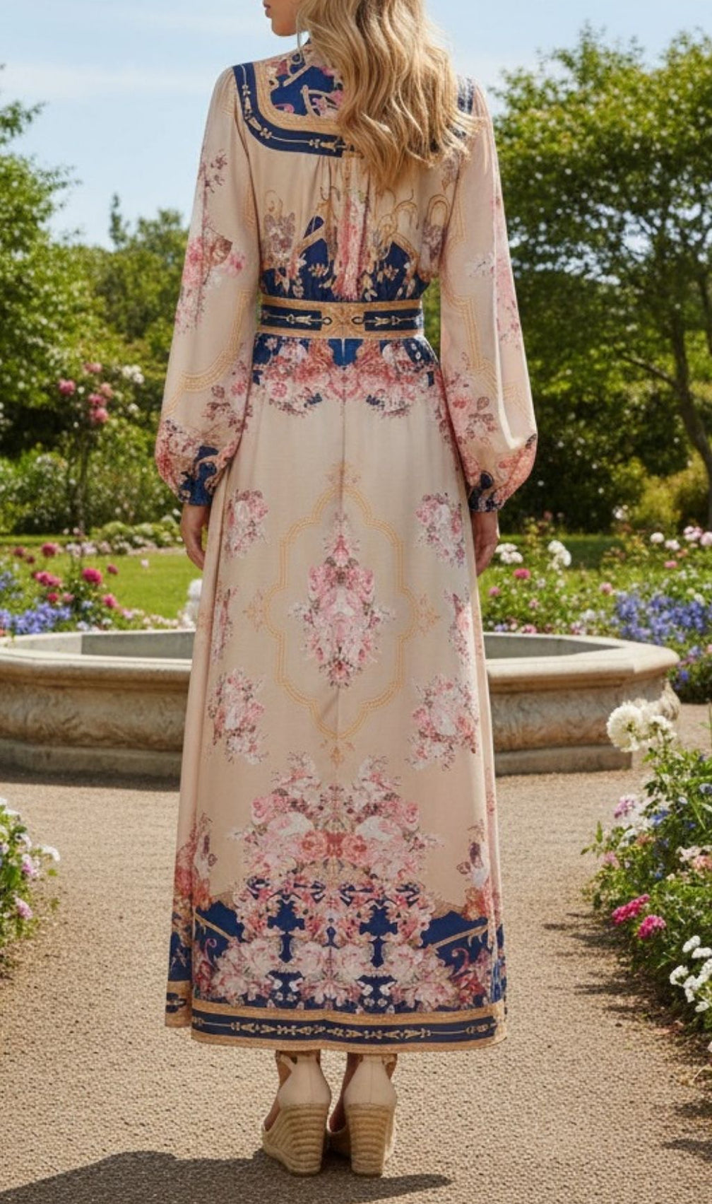 Kamillia Elegant Navy & Blush Floral Belted Long Sleeve Maxi Dress